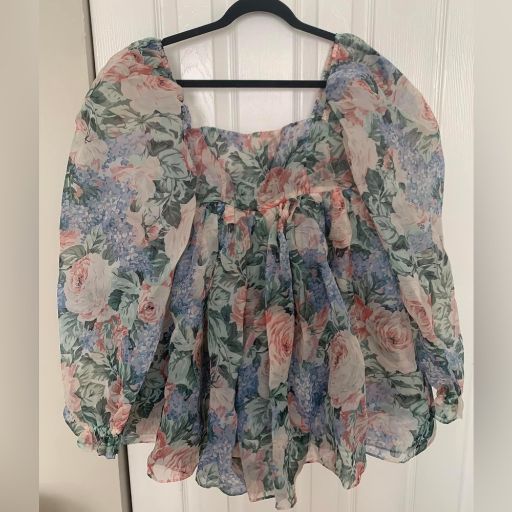 Selkie Floral Puff Sleeve Dress - Blue and Pink